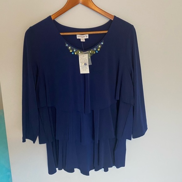 Susan Graver New with tags Liquid Knit Tiered Embellished Top blue large - Picture 3 of 10